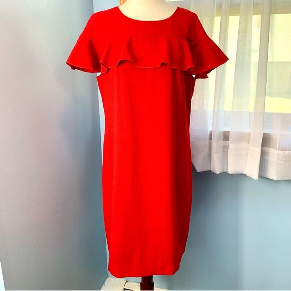 Trina Turk Red Shimmer Ruffle Sheath Dress Size 10 - Picture 9 of 10